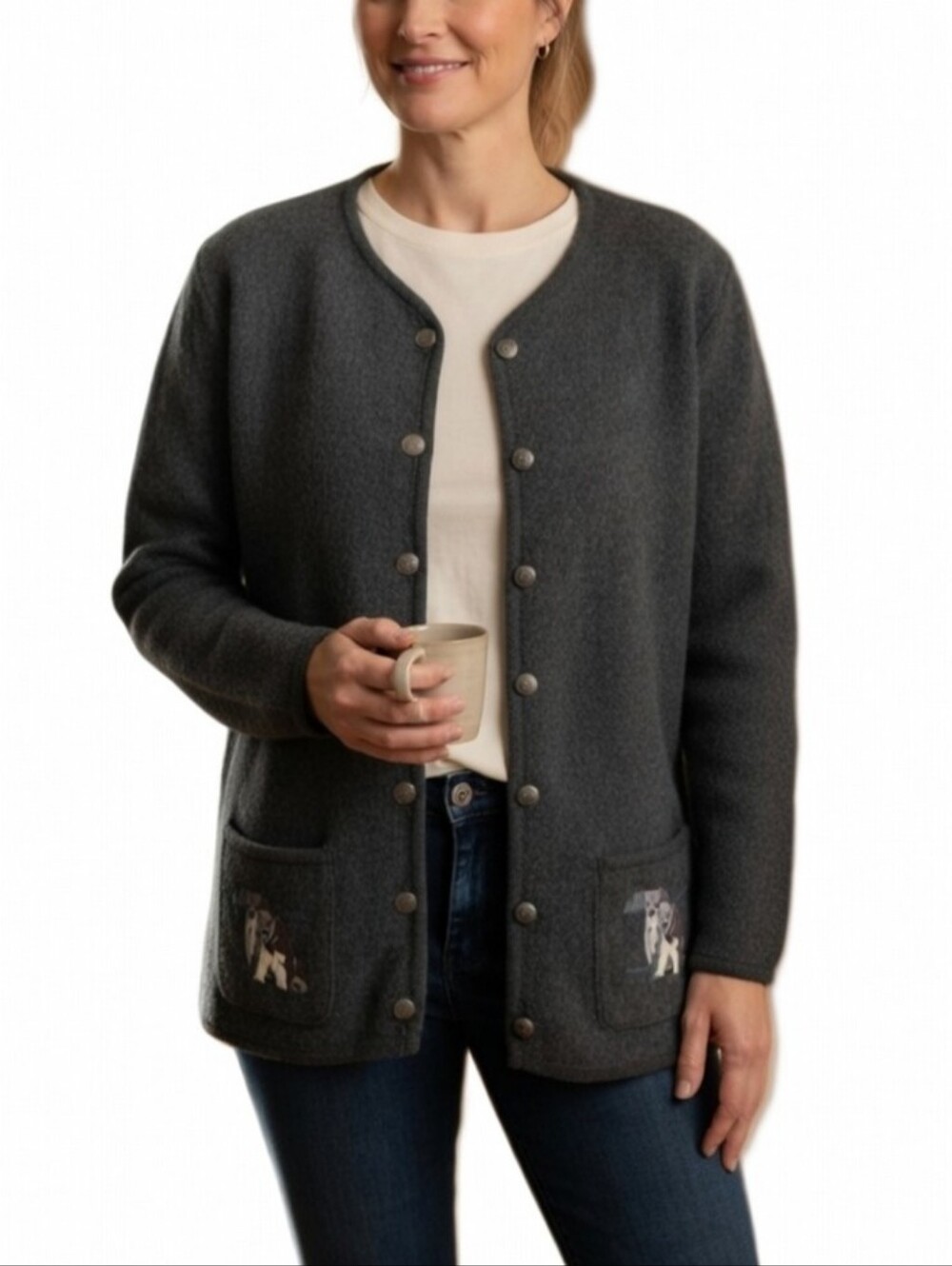 Dalia Gray Button-Up 100% Wool Cottagecore Sweater with Embroidered Pockets M